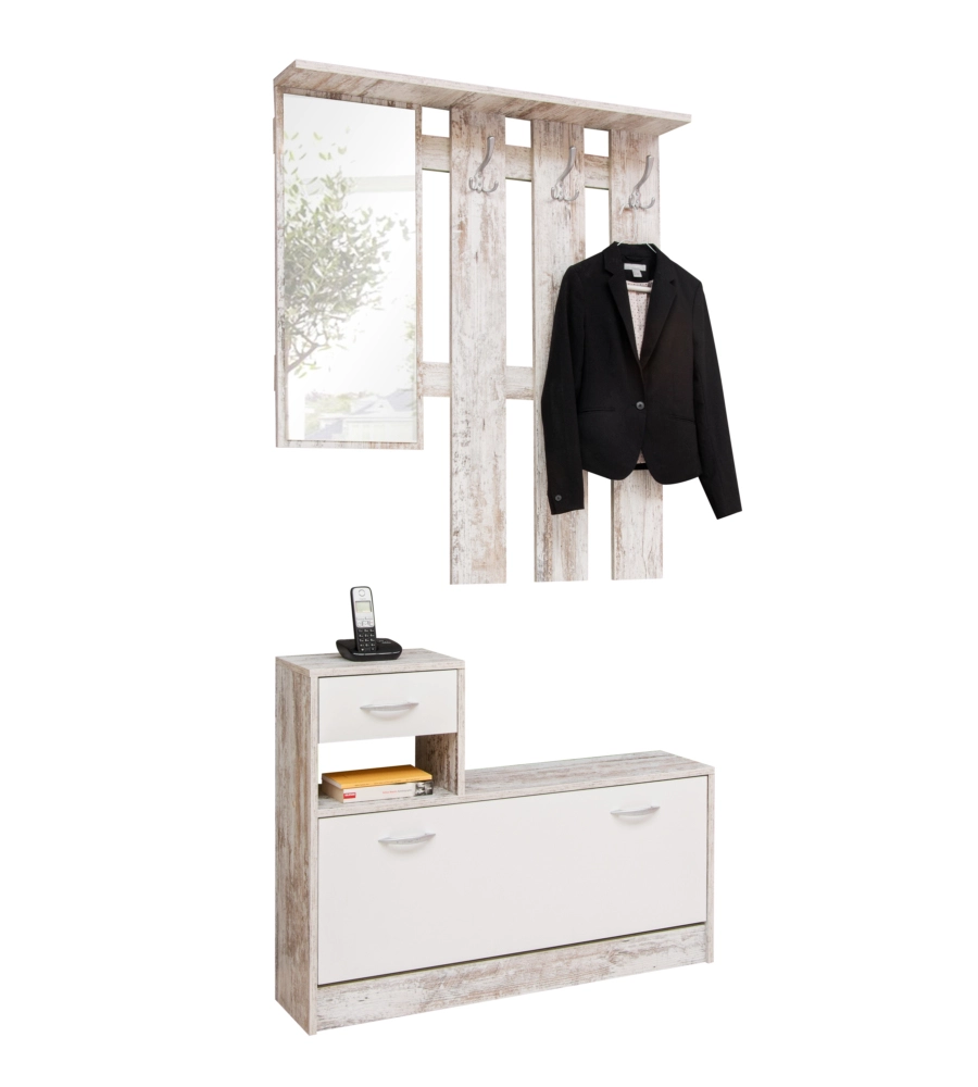 MOBILE DA INGRESSO CON SPECCHIO E APPENDIABITI BIANCO ANTICATO, 100X180X25 CM